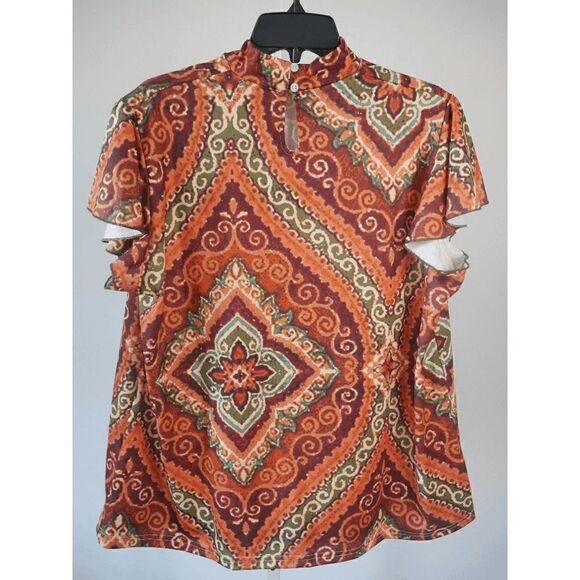 Women's Brown & Green Floral Mock Neck Flutter-Sleeve Top 1928-D3 - Picture 5 of 6